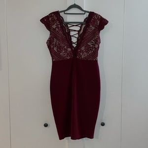 Wine colored lace fitted mid length dress